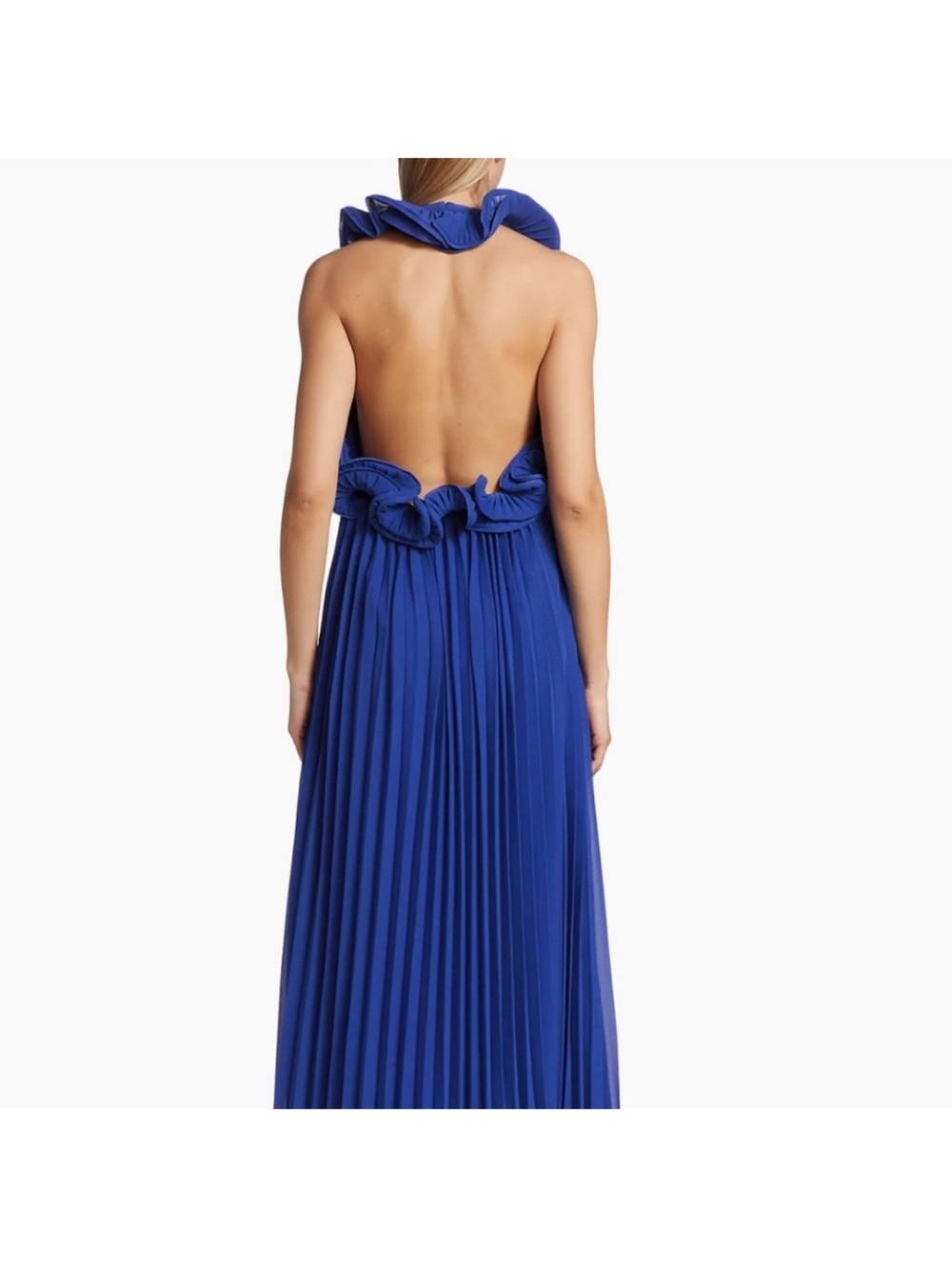AMUR Cobalt Blue Backless Pleated Maxi Dress with Ruffle Halter - Picture 3 of 8